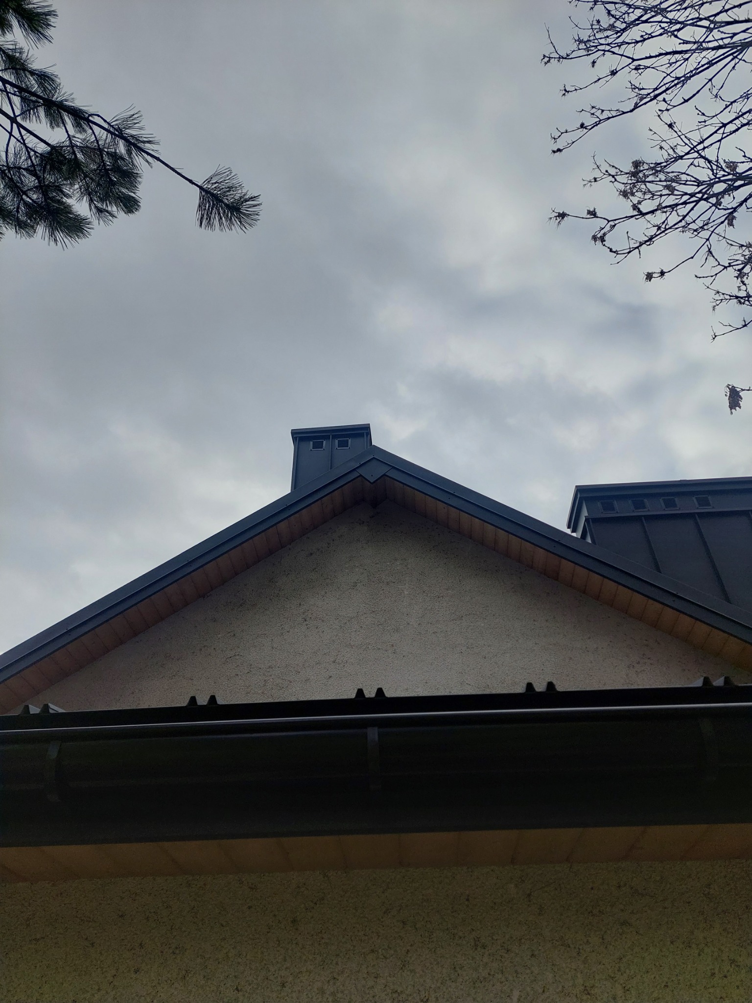 Fragment dachu z ciemną blachą, widoczne rynny i komin z elementami wentylacyjnymi na tle pochmurnego nieba, gałęzie drzew na obrzeżach kadru.