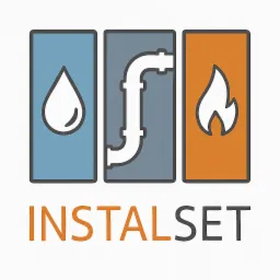 Graficzne logo firmy instalacyjnej: kropla wody, rury, płomień w prostokątnych ikonach. Nazwa firmy 'INSTALSET' w kolorze pomarańczowo-szarym.