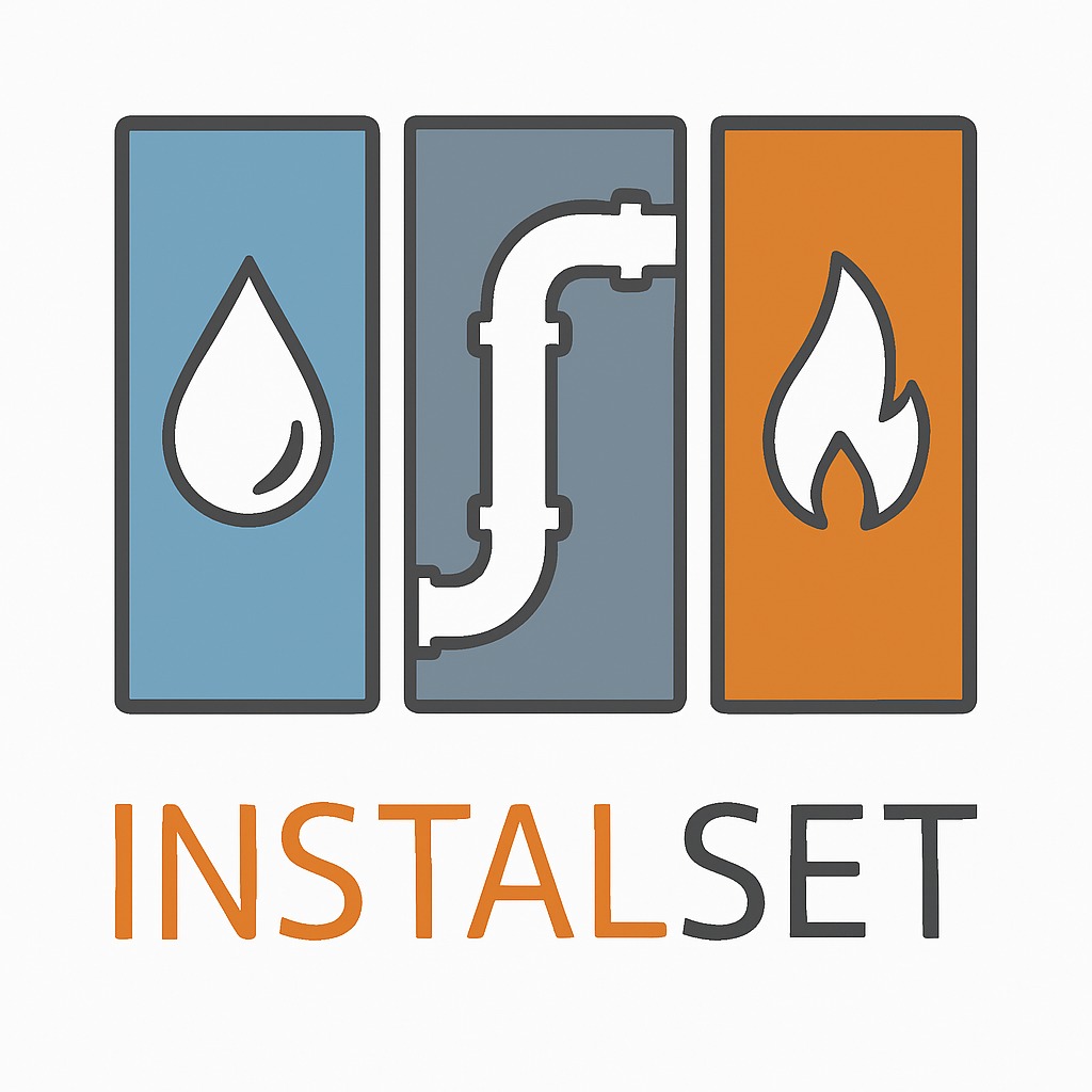 Graficzne logo firmy instalacyjnej: kropla wody, rury, płomień w prostokątnych ikonach. Nazwa firmy 'INSTALSET' w kolorze pomarańczowo-szarym.