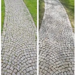 Por&oacute;wnanie stanu kostki brukowej przed i po zabiegu czyszczenia, ukazujące r&oacute;żnicę w kolorze i usunięcie zabrudzeń, z widoczną ścieżką w ogrodzie.