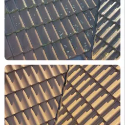 Porównanie stanu dachu przed i po: górna część z widocznym mchem i zabrudzeniami, dolna część z czystą, odświeżoną powierzchnią dachówki w promieniach słońca.