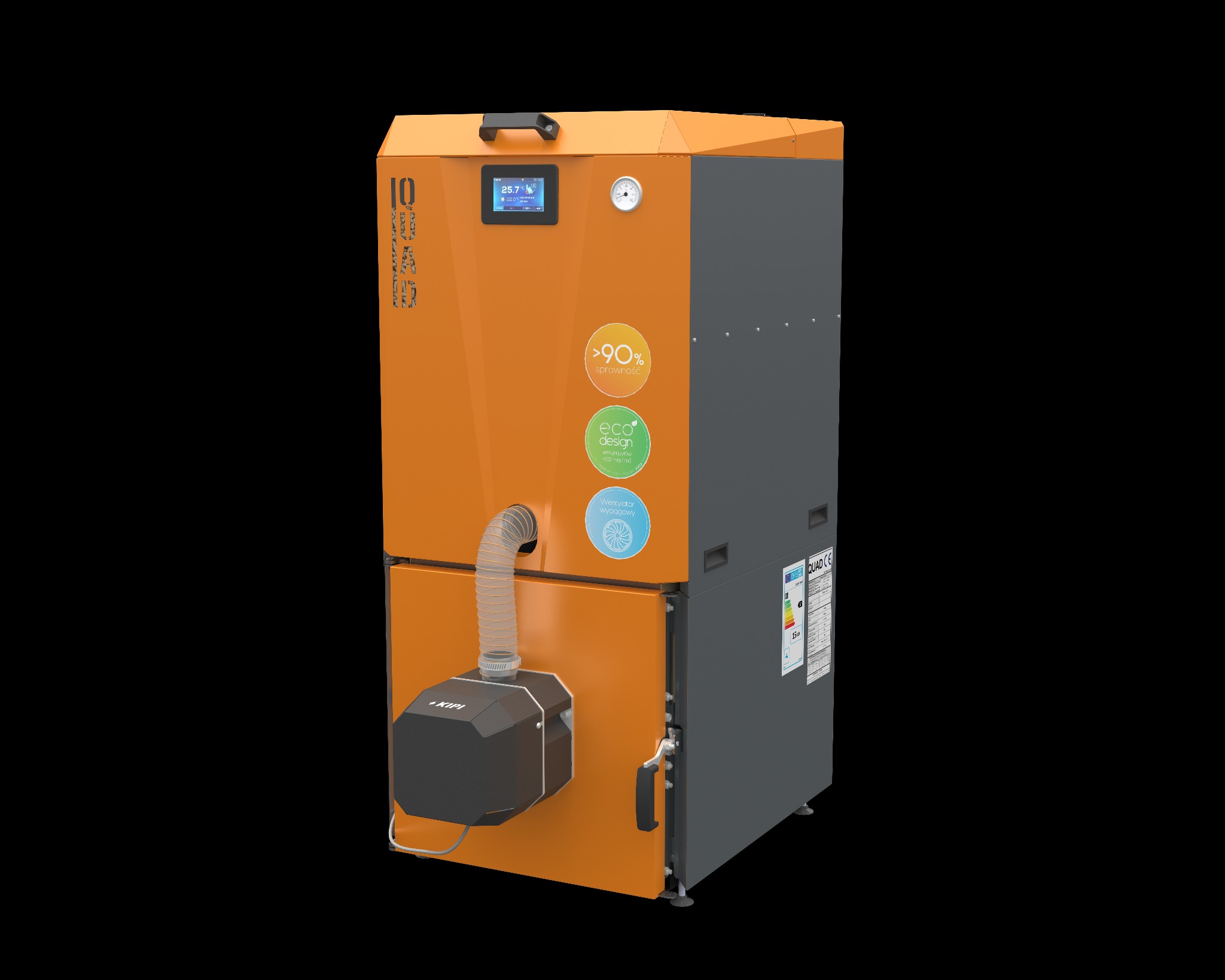 Kocioł pelletowy QUAD z palnikiem obrotowym Firmy KIPI i sterowaniem PLUM. Słupek do małych kotłowni.