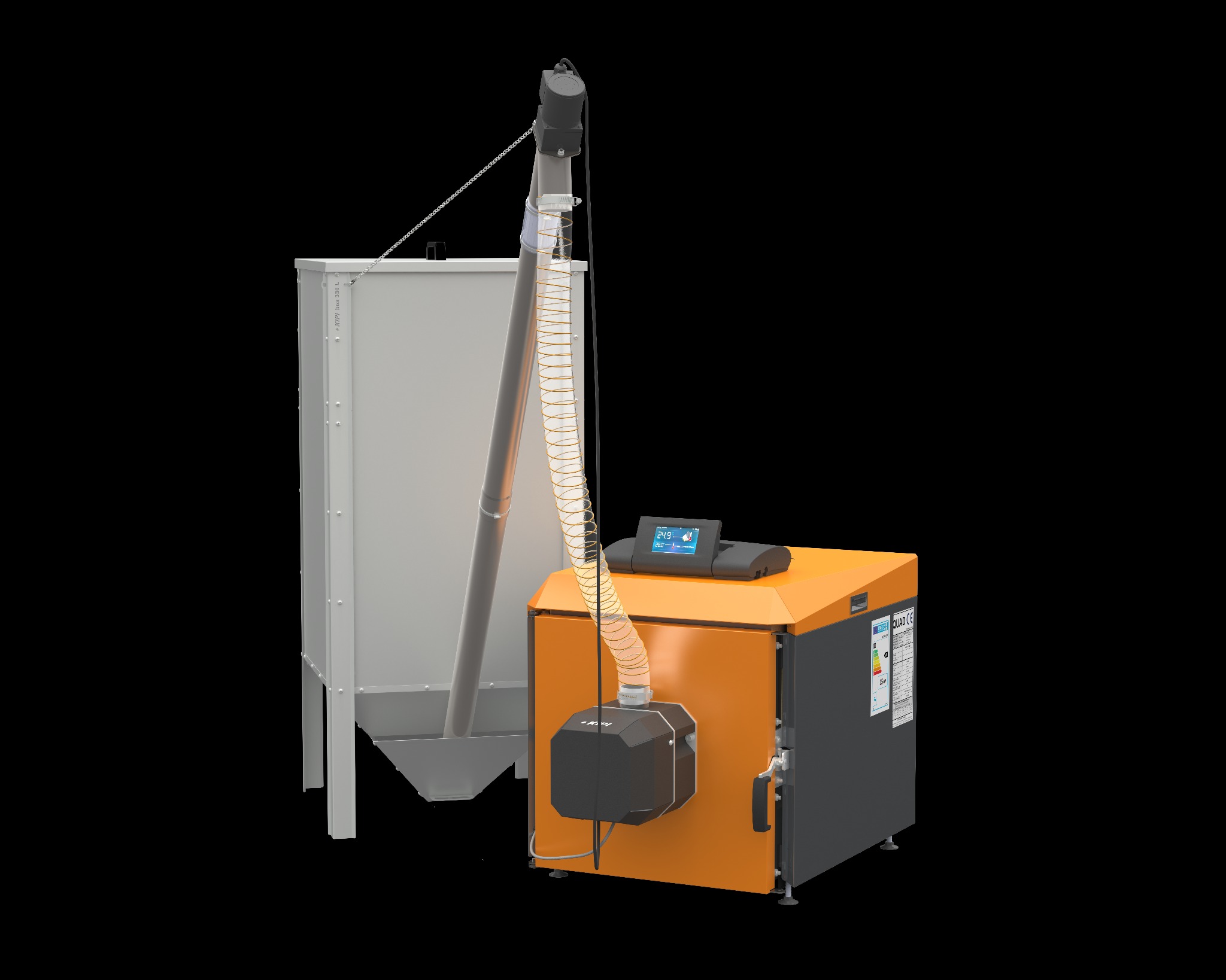 Kocioł pelletowy QUAD z palnikiem obrotowym Firmy KIPI i sterowaniem PLUM. Zasobniki w różnych wielkościach od 330L.