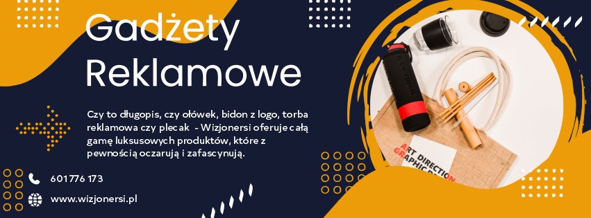 Baner reklamowy z hasłem 'Gadżety Reklamowe', prezentujący przykładowe produkty: bidon, torba z logo i inne upominki.