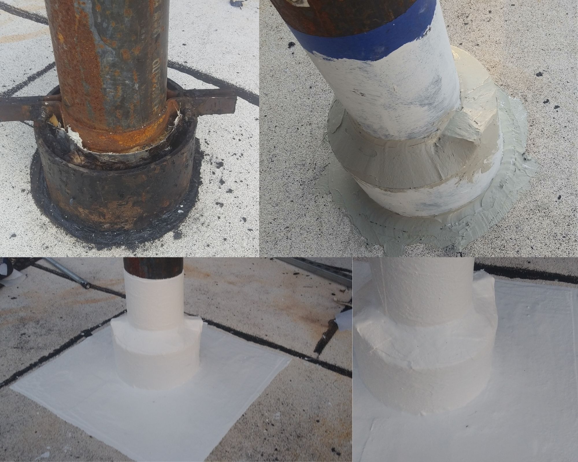 Cztery ujęcia detali dachu płaskiego: skorodowana podstawa komina z uszkodzoną izolacją, podstawa komina po uszczelnieniu z niebieskim paskiem, podstawa komina po uszczelnieniu i pokryciu membraną,...