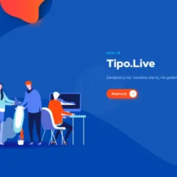 Ilustracja przedstawiająca serwis internetowy dla streamerów Tipo.Live, z grafiką rakiety i osób współpracujących przy komputerze, zapraszający do rejestracji i zarabiania.