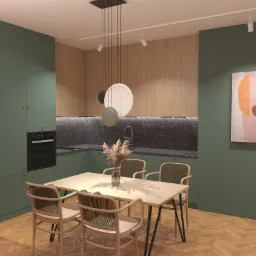 Wizualizacja kuchni z jadalnią w odcieniach zieleni i drewna, z marmurowym blatem, minimalistycznym oświetleniem i abstrakcyjnym obrazem na ścianie.