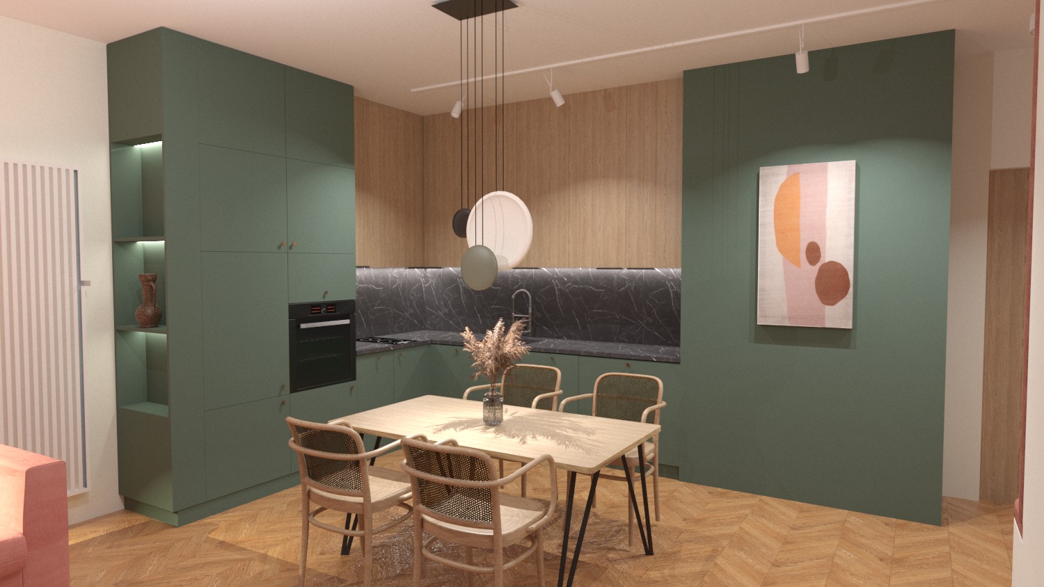 Wizualizacja kuchni z jadalnią w odcieniach zieleni i drewna, z marmurowym blatem, minimalistycznym oświetleniem i abstrakcyjnym obrazem na ścianie.