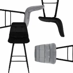 Kolaż trzech ujęć nowoczesnego hokera barowego: czarne siedzisko z przodu, szare siedzisko od góry i czarne siedzisko od spodu, wszystkie z czarną metalową ramą, na białym tle.