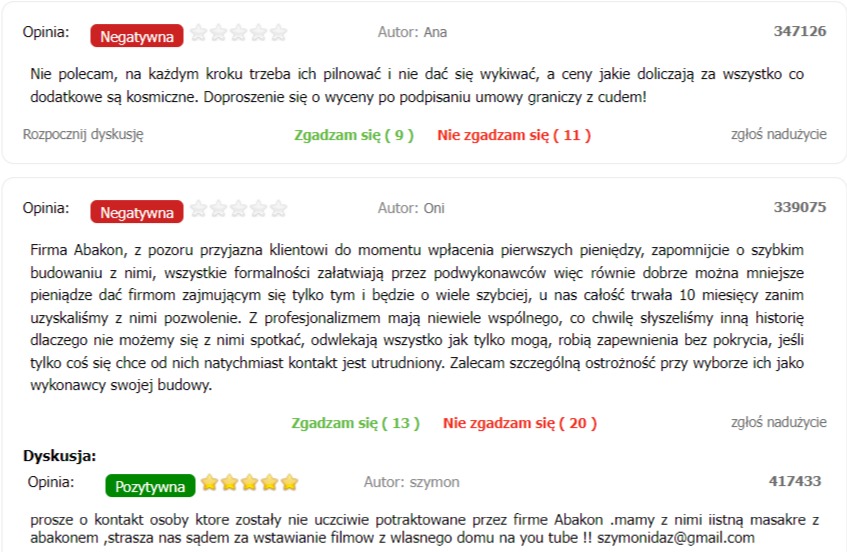 Zrzut ekranu z negatywnymi i pozytywnymi opiniami o firmie Abakon, z komentarzami użytkowników i ocenami gwiazdkowymi.