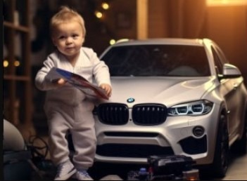 Mały chłopiec w białym kombinezonie trzyma kolorowy plakat przed srebrnym modelem samochodu BMW X6 w ciepłym świetle, tworząc wrażenie luksusowego prezentu.