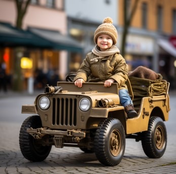 Uśmiechnięty chłopiec w zimowej czapce i kurtce siedzi w zabawkowej, stylizowanej na wojskową, terenówce w kolorze khaki na tle miejskiego krajobrazu.
