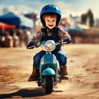 Uśmiechnięty chłopiec w niebieskim kasku i brązowych butach, pędzący na turkusowym skuterze po piaszczystym terenie, z rozmytym tłem sugerującym plenerową imprezę lub zawody.