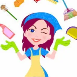 Ilustracja przedstawiająca uśmiechniętą kobietę z przymrużonym okiem w niebieskim czepku, ż&oacute;łtym fartuchu i zielonych rękawicach, otoczoną ikonami sprzęt&oacute;w do sprzątania, takich jak szczotki...