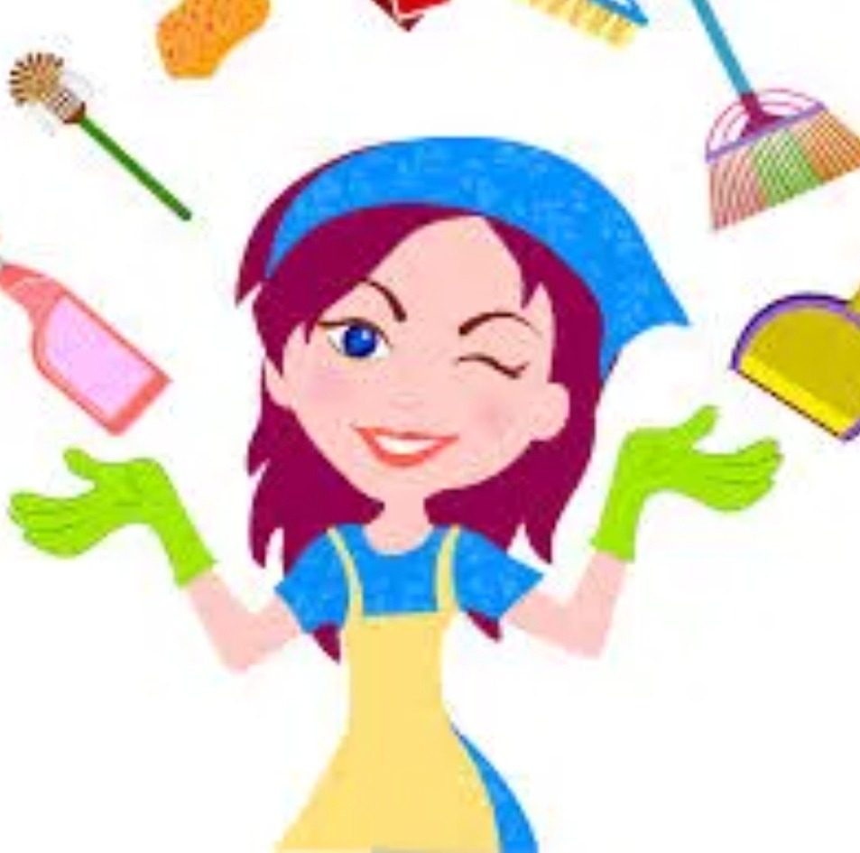 Ilustracja przedstawiająca uśmiechniętą kobietę z przymrużonym okiem w niebieskim czepku, żółtym fartuchu i zielonych rękawicach, otoczoną ikonami sprzętów do sprzątania, takich jak szczotki...