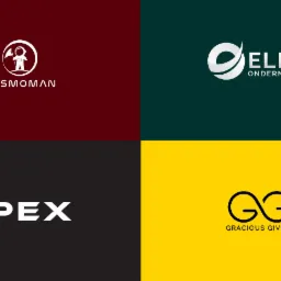 Kompozycja czterech minimalistycznych logo na jednolitym tle: astronauta w okręgu na bordowym, spiralny symbol z napisem ELITE na ciemnozielonym, APEX na czarnym, połączone litery GG na żółtym.