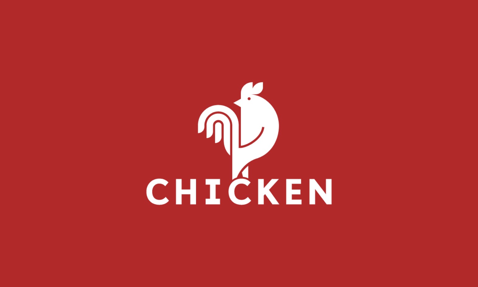 Minimalistyczne logo przedstawiające białego kurczaka z uproszczonym grzebieniem i napisem 'CHICKEN' na ceglastoczerwonym tle.