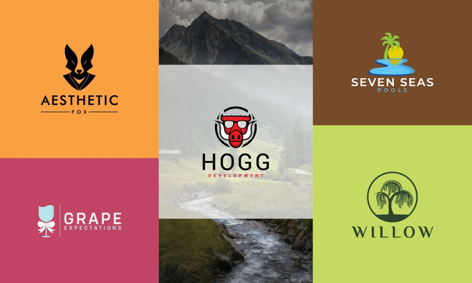 Kompozycja sześciu różnorodnych, wektorowych logotypów na kolorowych tłach, prezentujących motywy zwierzęce, roślinne i abstrakcyjne, z wyraźnymi nazwami firm i charakterystycznymi elementami...