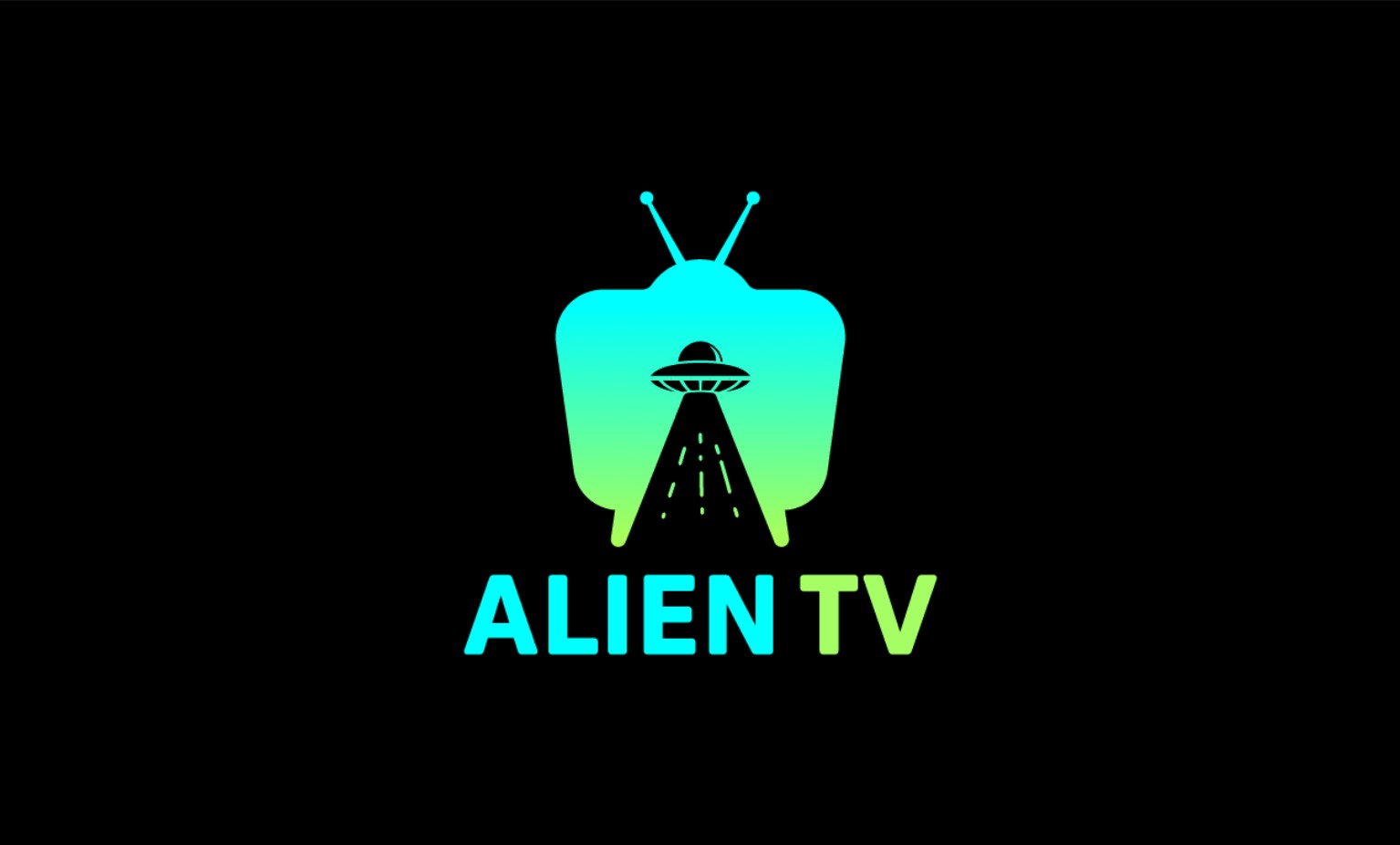 Logo Alien TV: Stylizowany telewizor z antenkami, wewnątrz niego UFO emitujące zielony snop światła, nazwa firmy w gradientowych kolorach od turkusu do limonki na czarnym tle.