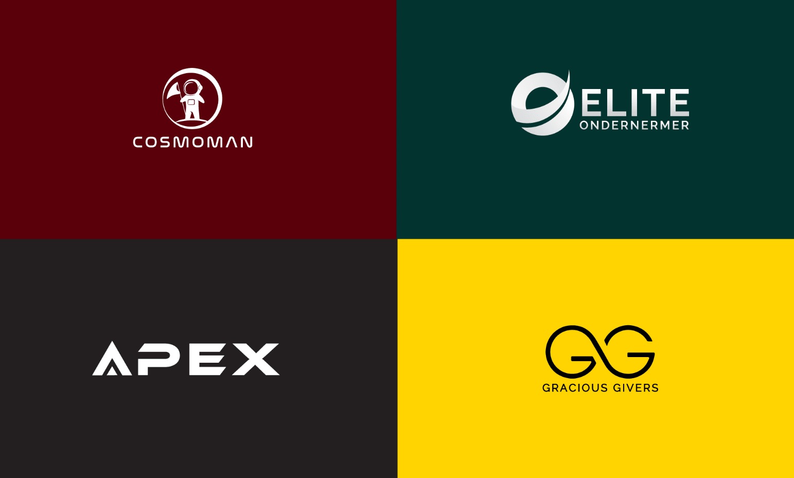 Kompozycja czterech minimalistycznych logo na jednolitym tle: astronauta w okręgu na bordowym, spiralny symbol z napisem ELITE na ciemnozielonym, APEX na czarnym, połączone litery GG na żółtym.