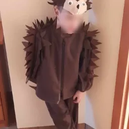 Chłopiec w brązowym kostiumie jeża z filcowymi kolcami i maską na twarzy, stojący w pomieszczeniu.