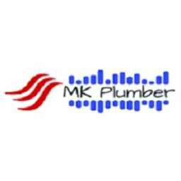 Logo firmy MK Plumber z trzema czerwonymi płomieniami po lewej i niebieskim symbolem przypominającym equalizer po prawej, na białym tle.