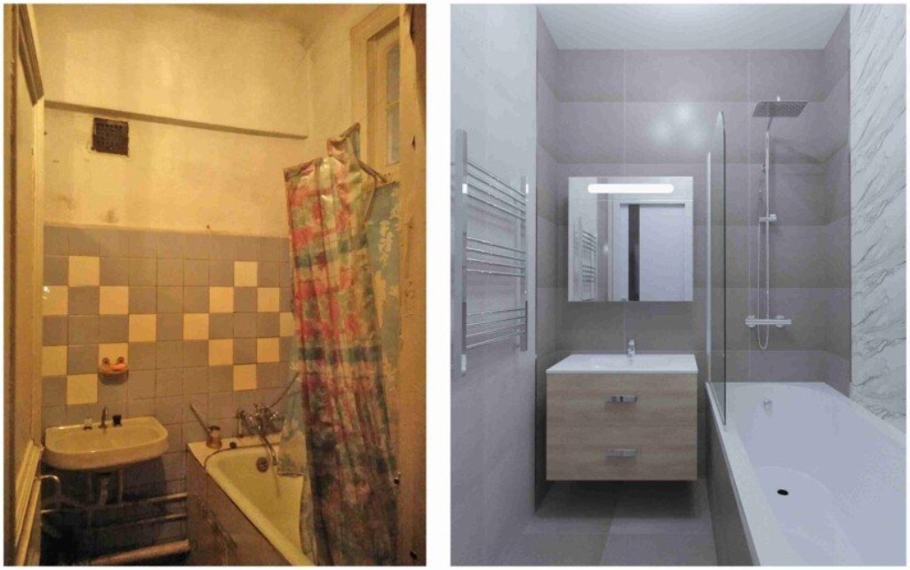 Porównanie stanu łazienki przed i po: po lewej zaniedbana łazienka z wanną, zasłoną w kwiaty i starą umywalką, po prawej wizualizacja nowoczesnej łazienki z kabiną prysznicową, umywalką z szafką...