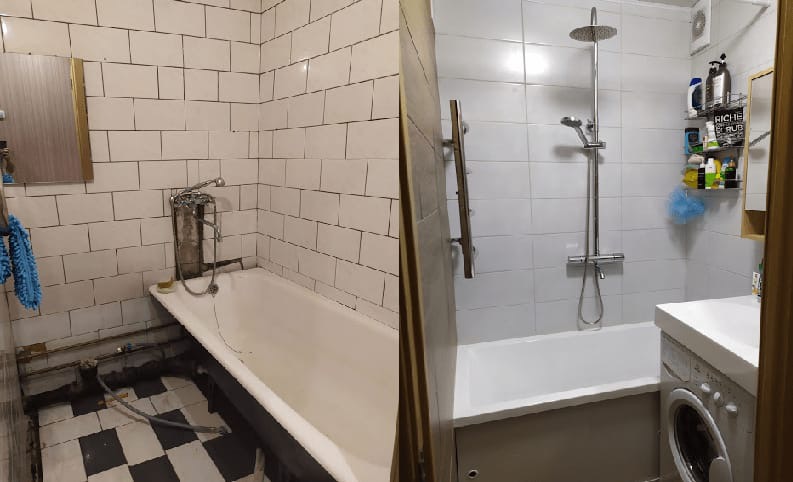 Porównanie stanu łazienki przed i po remoncie w Olkuszu: po lewej stara wanna z czarno-białą podłogą, po prawej odnowiona łazienka z nową wanną, prysznicem i pralką.