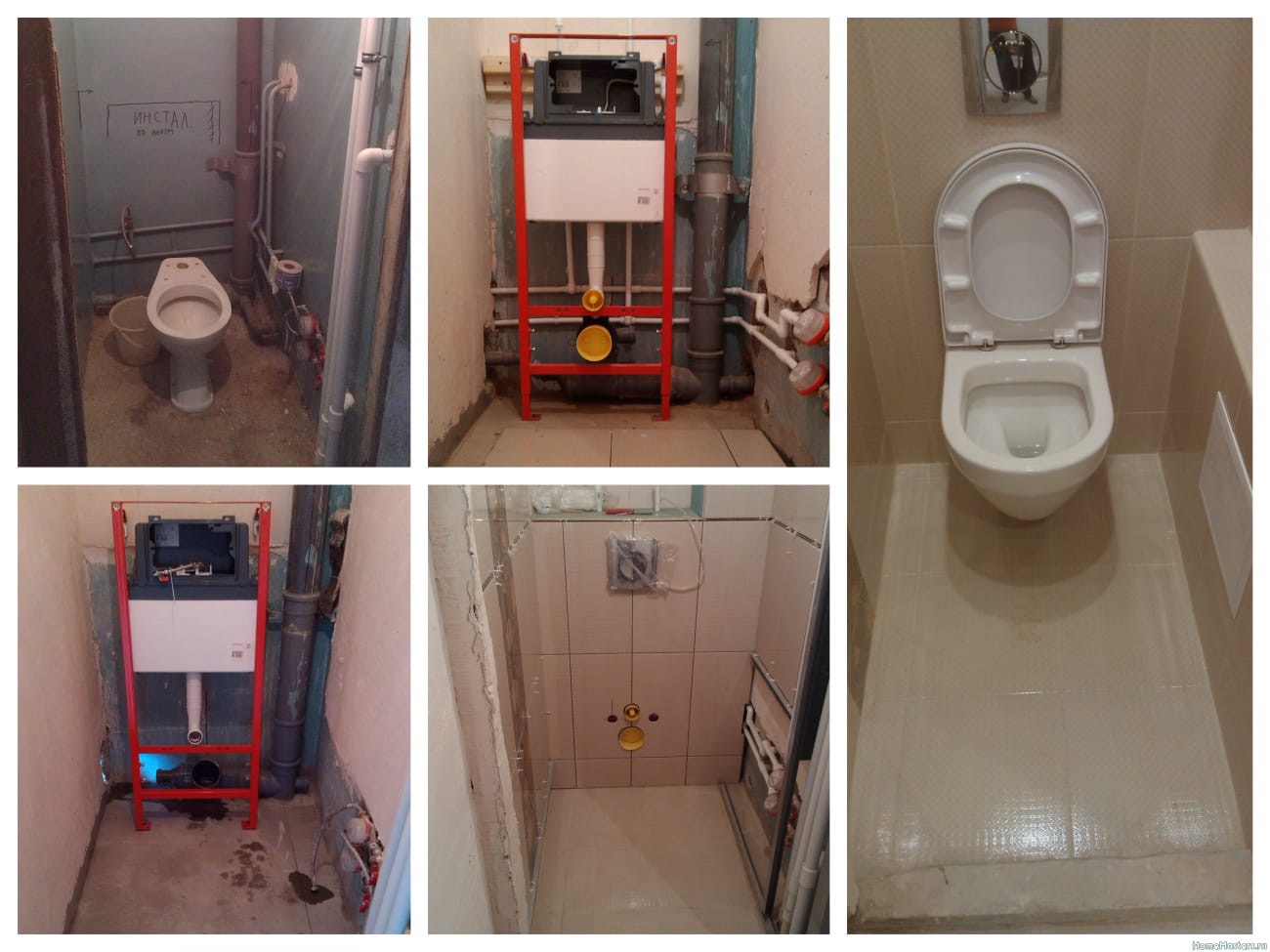 Kolaż z remontu łazienki: widok przed remontem z toaletą i napisem na ścianie, montaż stelaża podtynkowego z rurami, gotowa toaleta z jasnymi płytkami podłogowymi.