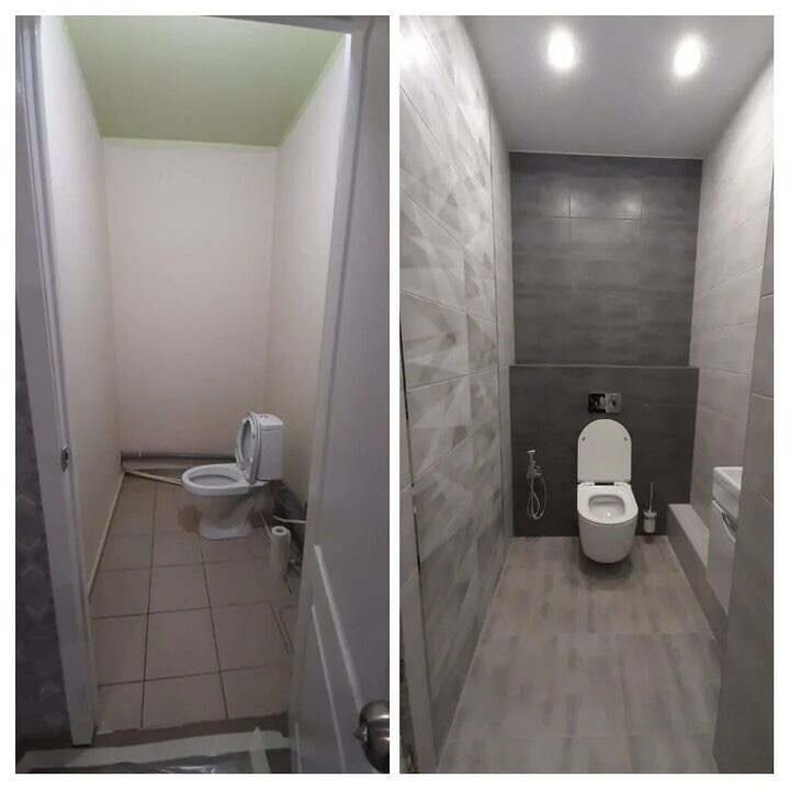 Porównanie stanu łazienki przed i po remoncie: surowe, niepomalowane ściany i stara toaleta kontra nowoczesne szare płytki, podwieszana toaleta i oświetlenie punktowe.