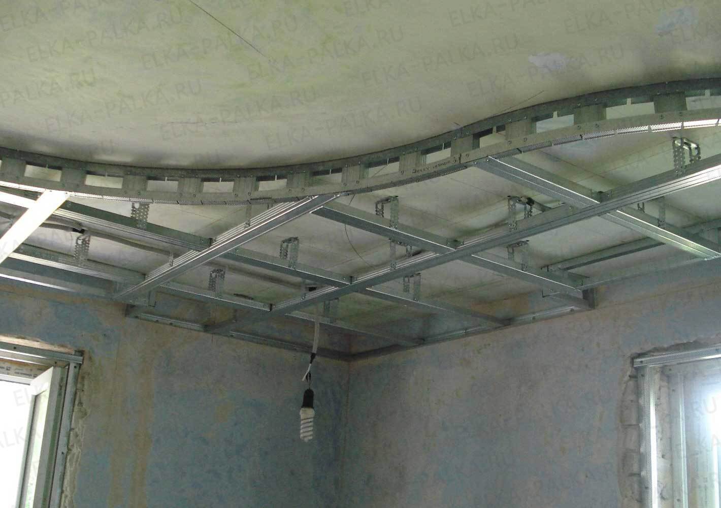 Stelaż metalowy podwieszanego sufitu z płyt kartonowo-gipsowych, widoczne profile CD i UD, zawiesia oraz fragment ściany z oknem w surowym stanie.