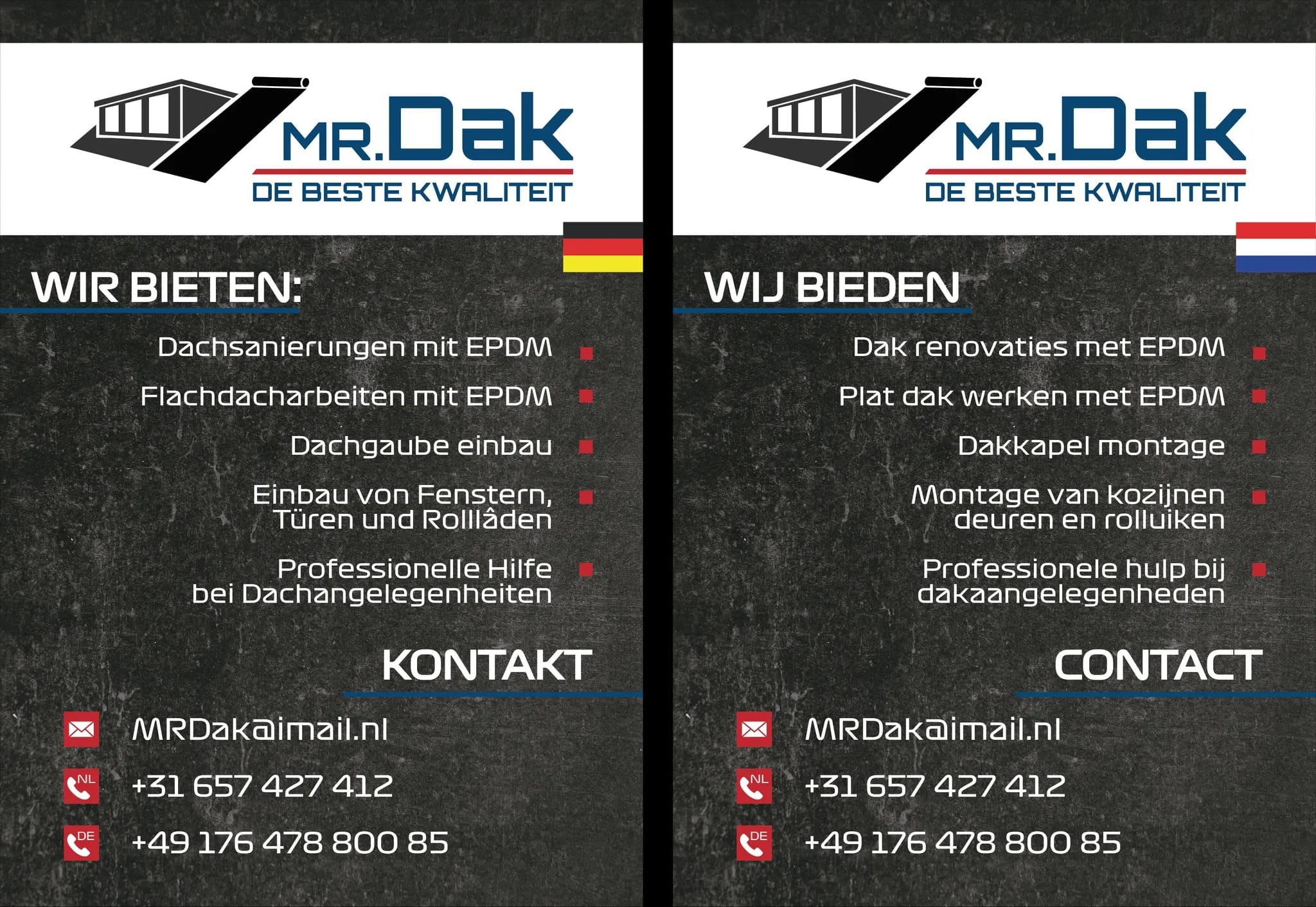 Grafika reklamowa firmy dekarskiej Mr.Dak z logo, ofertą usług w języku niemieckim i holenderskim oraz danymi kontaktowymi, w tym numerami telefonów z prefiksem NL i DE.