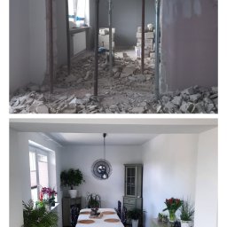 Usługi Remontowo Budowlane - Dwa ujęcia: górne przedstawia wnętrze w trakcie wyburzania ściany z widocznymi podporami i gruzem, dolne pokazuje to samo pomieszczenie po remoncie, urządzone jako jadalnia z białym stołem...