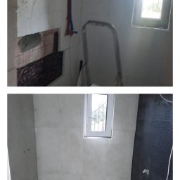 Usługi Remontowo Budowlane - Dwuetapowy remont łazienki: górne ujęcie ukazuje surowe ściany z widocznymi rurami i drabina, dolne ujęcie prezentuje wykończone wnętrze z jasnymi płytkami ściennymi, drewnopodobną podłogą i oknem.