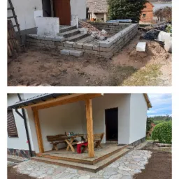 Dwa etapy budowy altanki: murowanie ścian z bloczków i wykończony taras z drewnianą podłogą oraz kamienną ścieżką. Widoczny stół z ławkami wewnątrz altanki.