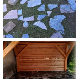 Wiata z drewnianą konstrukcją i posadzką z kamienia ciętego, widok z góry na rozłożone kamienie przed ułożeniem.