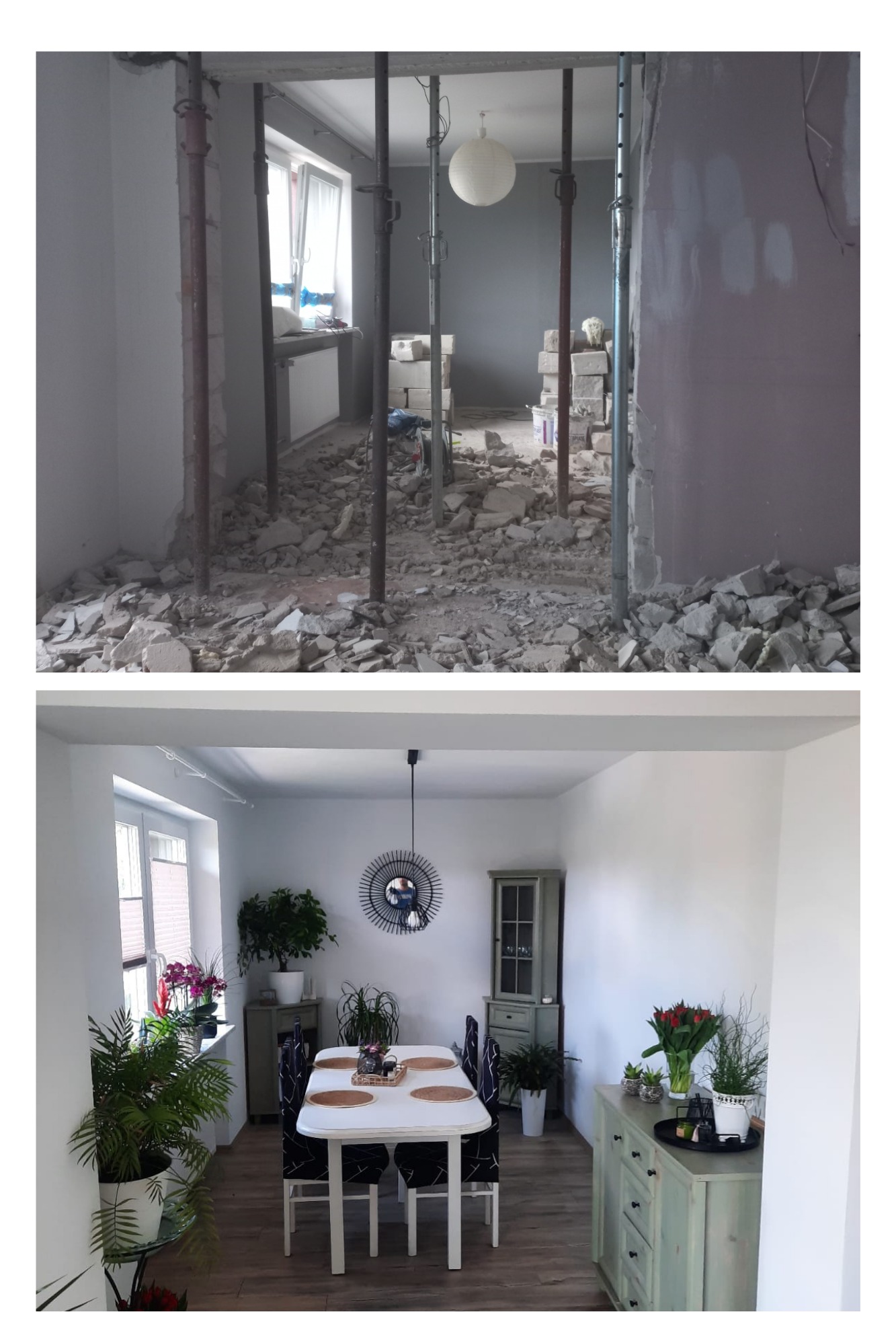 Dwa ujęcia: górne przedstawia wnętrze w trakcie wyburzania ściany z widocznymi podporami i gruzem, dolne pokazuje to samo pomieszczenie po remoncie, urządzone jako jadalnia z białym stołem...