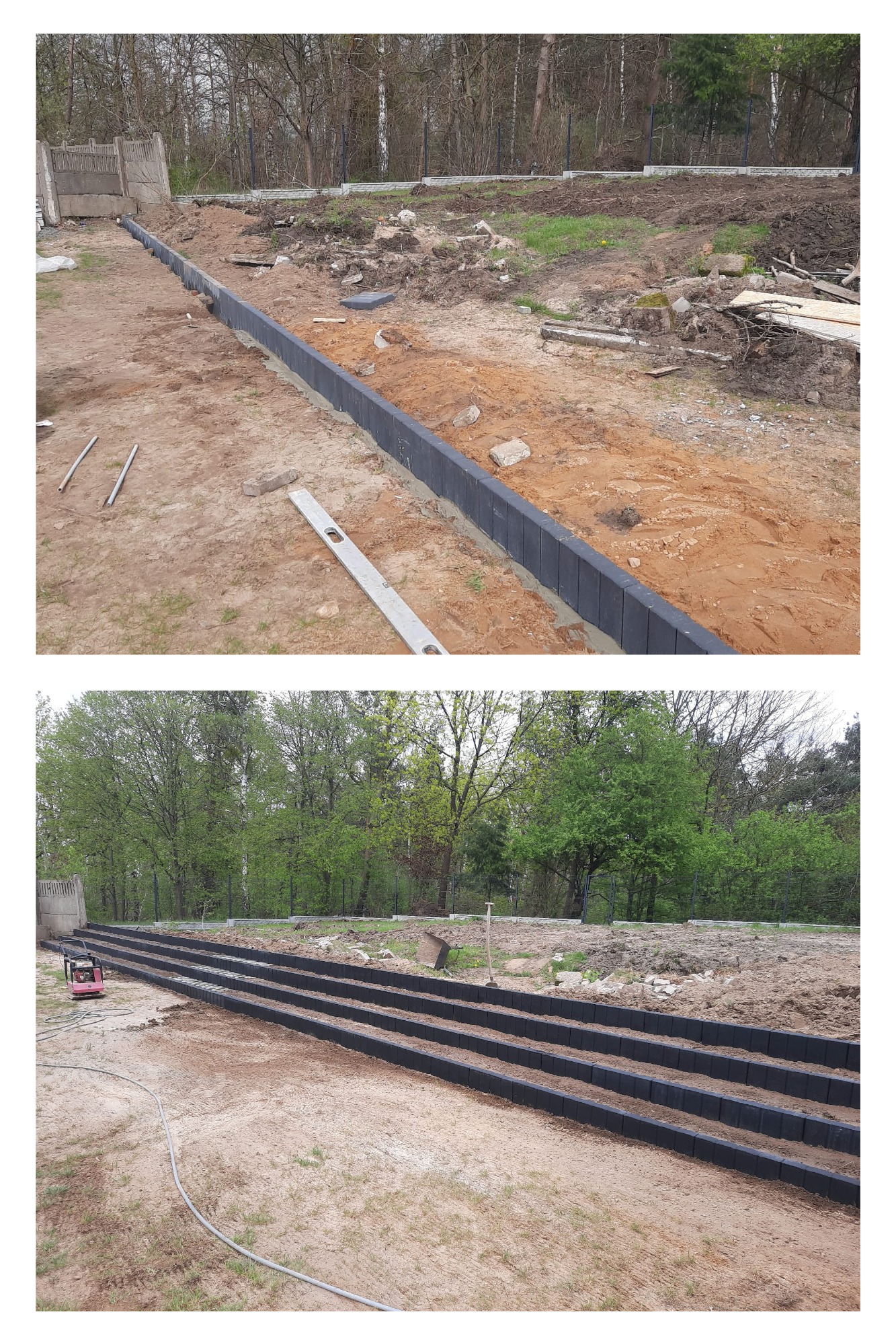 Mur oporowy z palisad Zakres prac : Przygotowanie podłoża , zagęszczenie i osadzenie palisad .