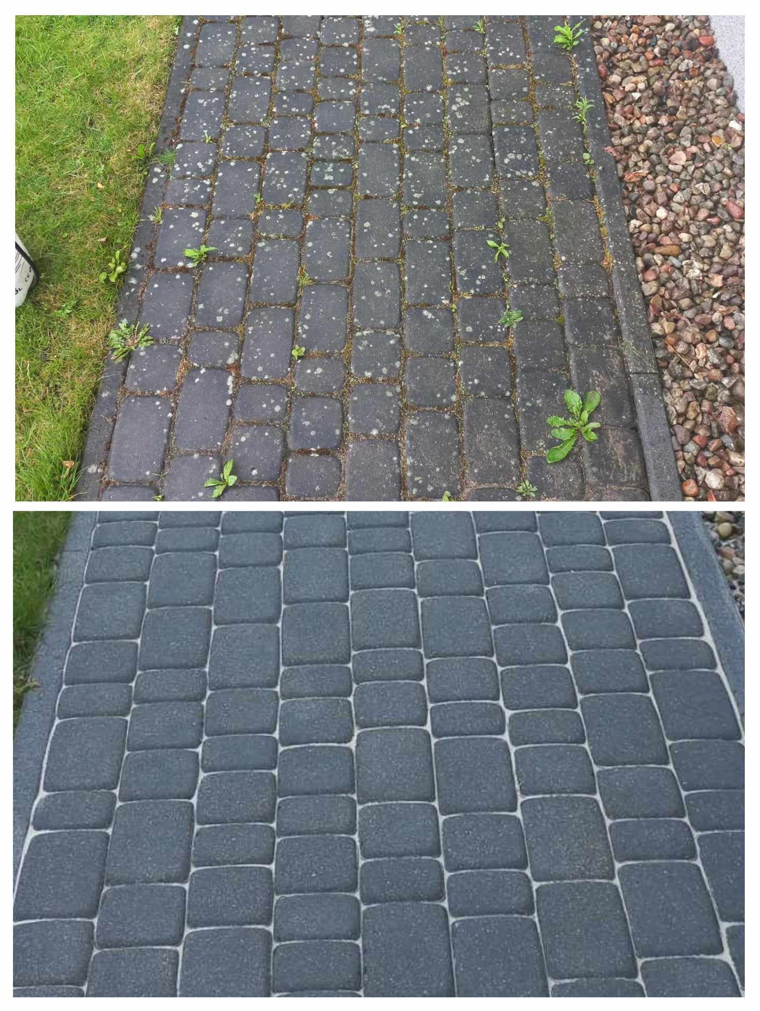 Porównanie stanu kostki brukowej przed i po czyszczeniu: zarośnięta chwastami i pokryta mchem kontra czysta, z jasnymi fugami.