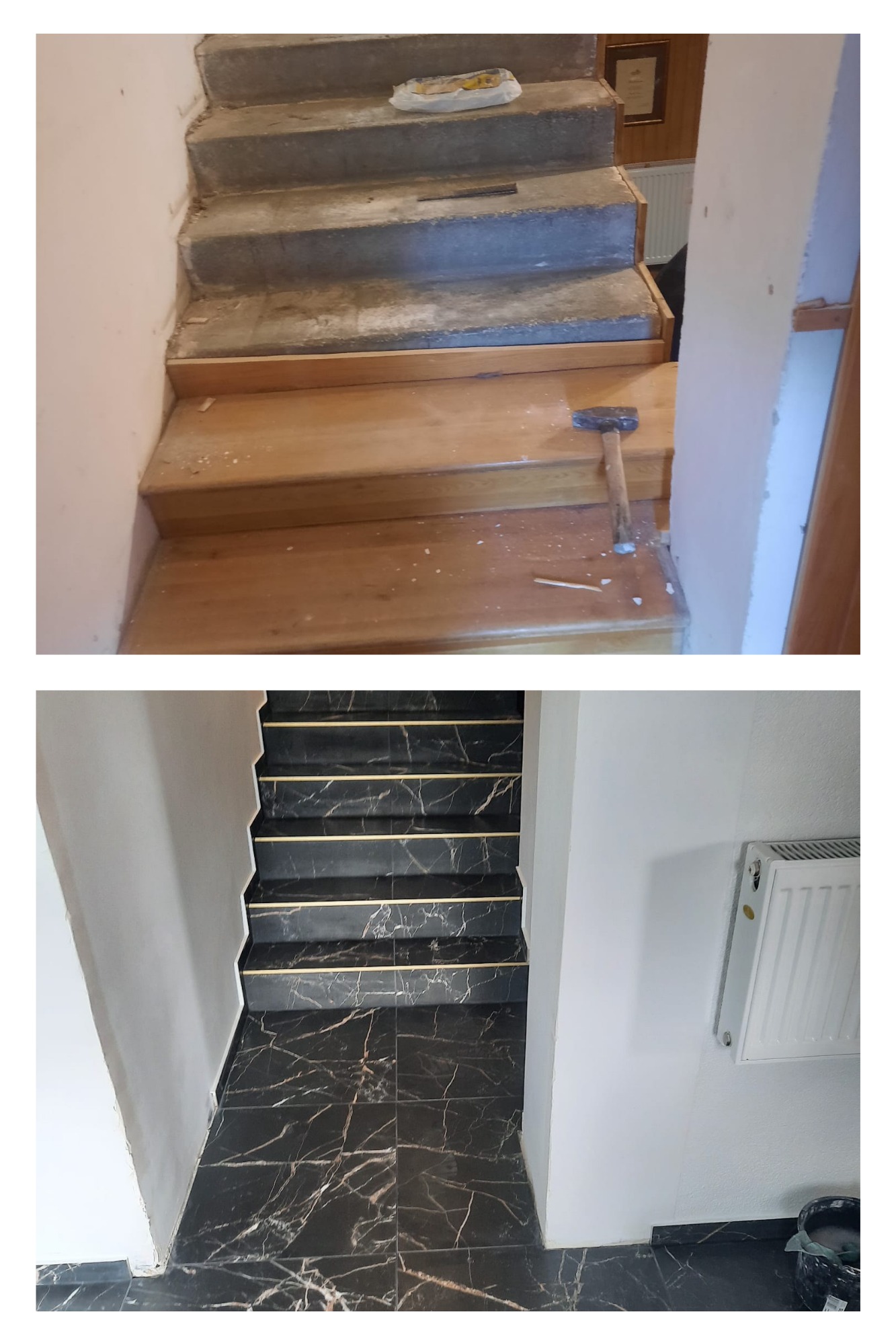 Dwa ujęcia schodów: górne pokazuje etap rozbiórki i przygotowania podłoża z widocznym młotkiem, dolne prezentuje wykończone schody z czarnych płytek imitujących marmur ze złotymi listwami.