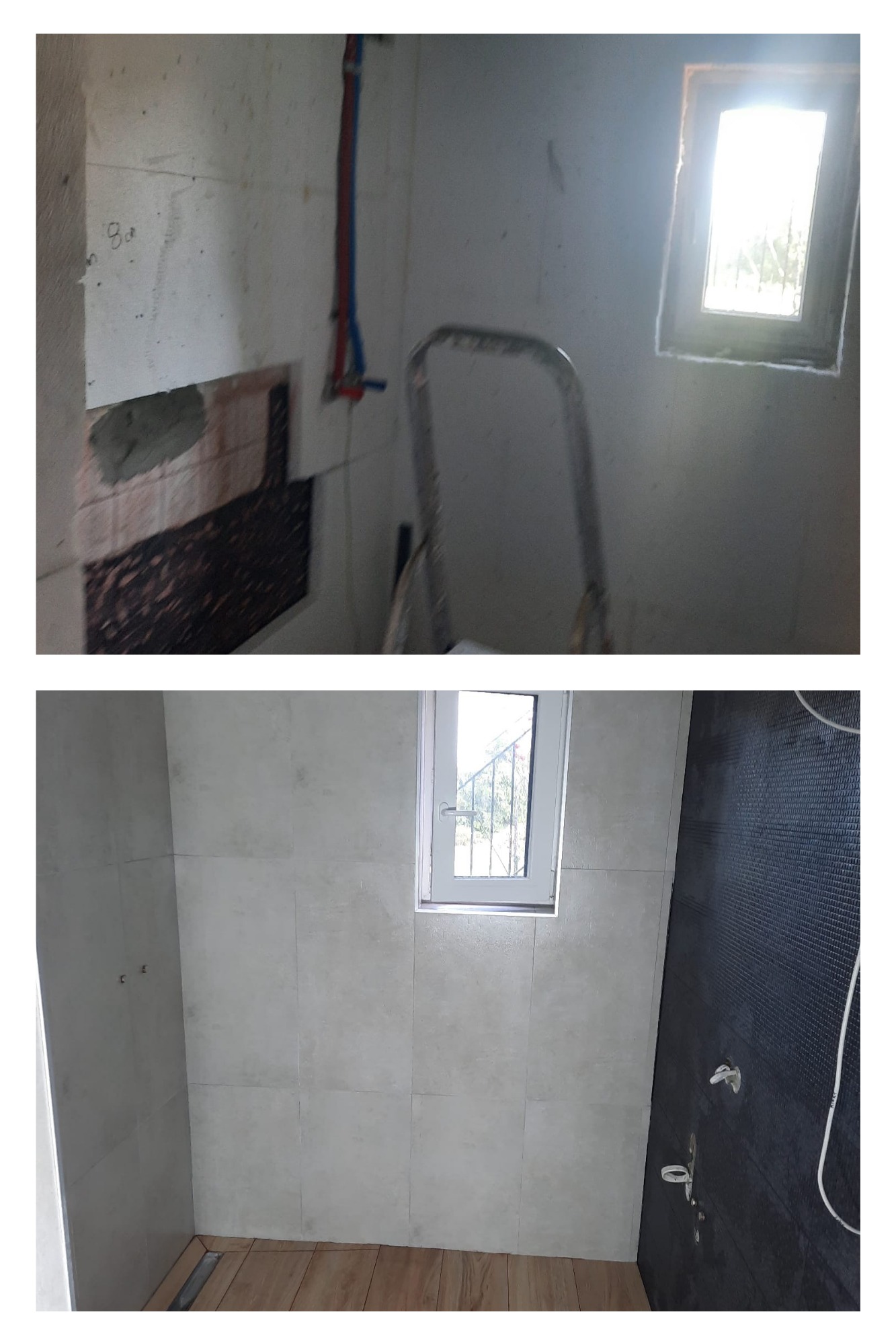 Dwuetapowy remont łazienki: górne ujęcie ukazuje surowe ściany z widocznymi rurami i drabina, dolne ujęcie prezentuje wykończone wnętrze z jasnymi płytkami ściennymi, drewnopodobną podłogą i oknem.
