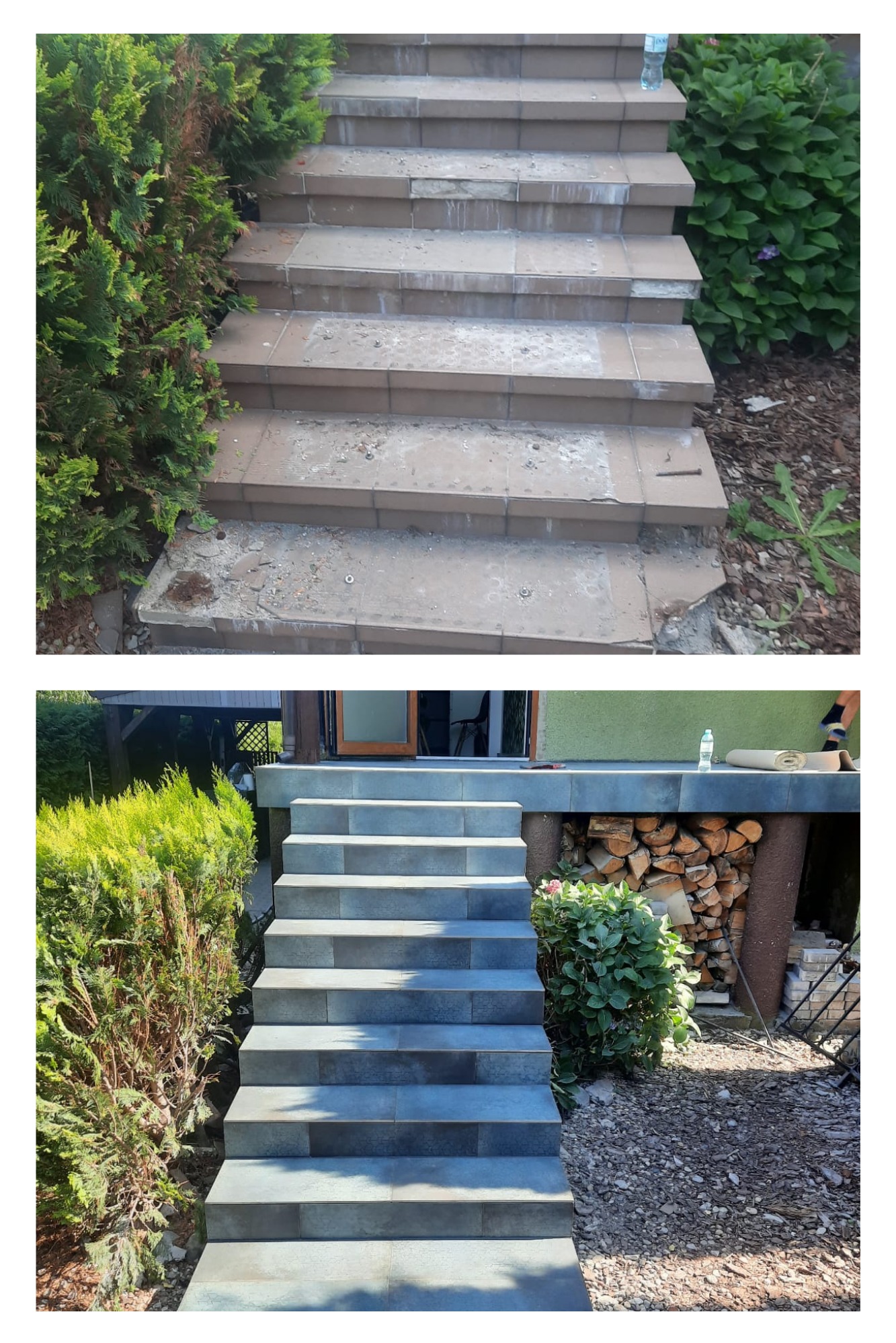 Porównanie stanu schodów wejściowych przed i po remoncie: usunięte stare płytki i gruz, wydłużone stopnie z wylewką betonową, zamontowane nowe płytki i fugi.