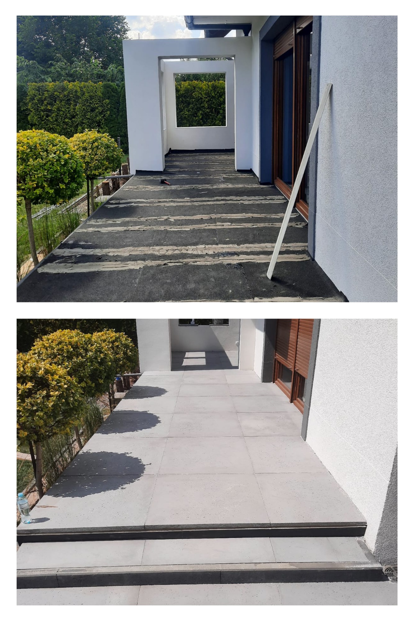 Montaż tarasu z płyt: widok przed i po, z widoczną izolacją papą i listwami aluminiowymi przed położeniem szarych płyt tarasowych, oraz gotowy taras z płyt z widocznymi schodami i butelką wody.