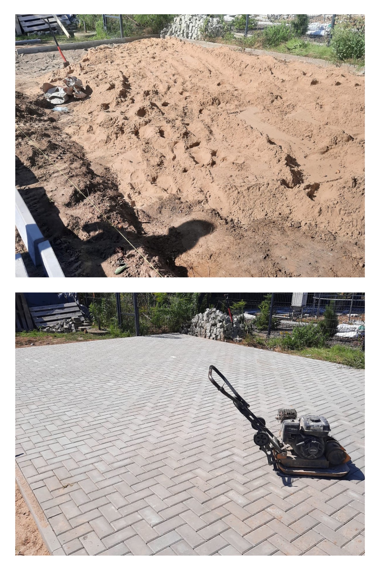 Dwuetapowy widok układania kostki brukowej: górne ujęcie przedstawia przygotowane podłoże z piasku i krawężnikami, dolne - ułożoną kostkę w jodełkę, zagęszczaną mechaniczną ubijarką.