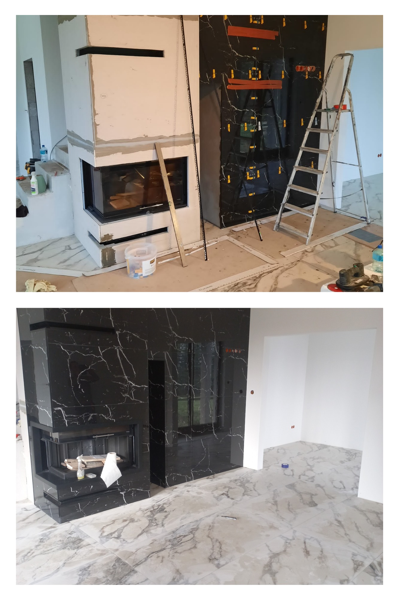 Dwa ujęcia: montaż czarnych płytek imitujących marmur na obudowie kominka, widoczna drabina, poziomica i wiadro z klejem; oraz gotowa obudowa kominka w salonie z marmurową podłogą.