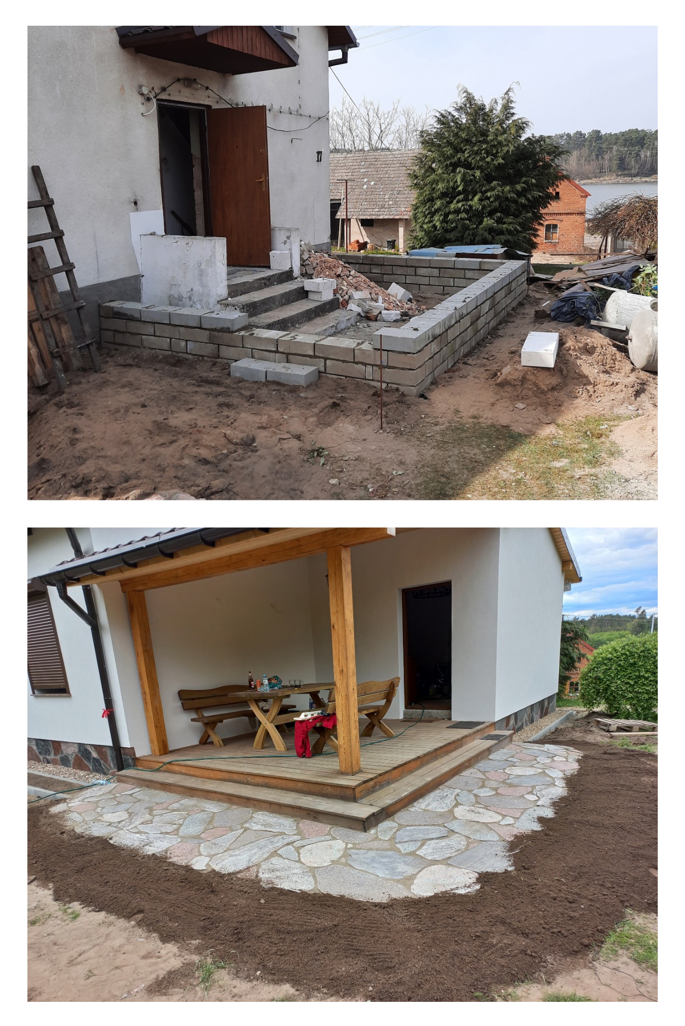 Dwa etapy budowy altanki: murowanie ścian z bloczków i wykończony taras z drewnianą podłogą oraz kamienną ścieżką. Widoczny stół z ławkami wewnątrz altanki.