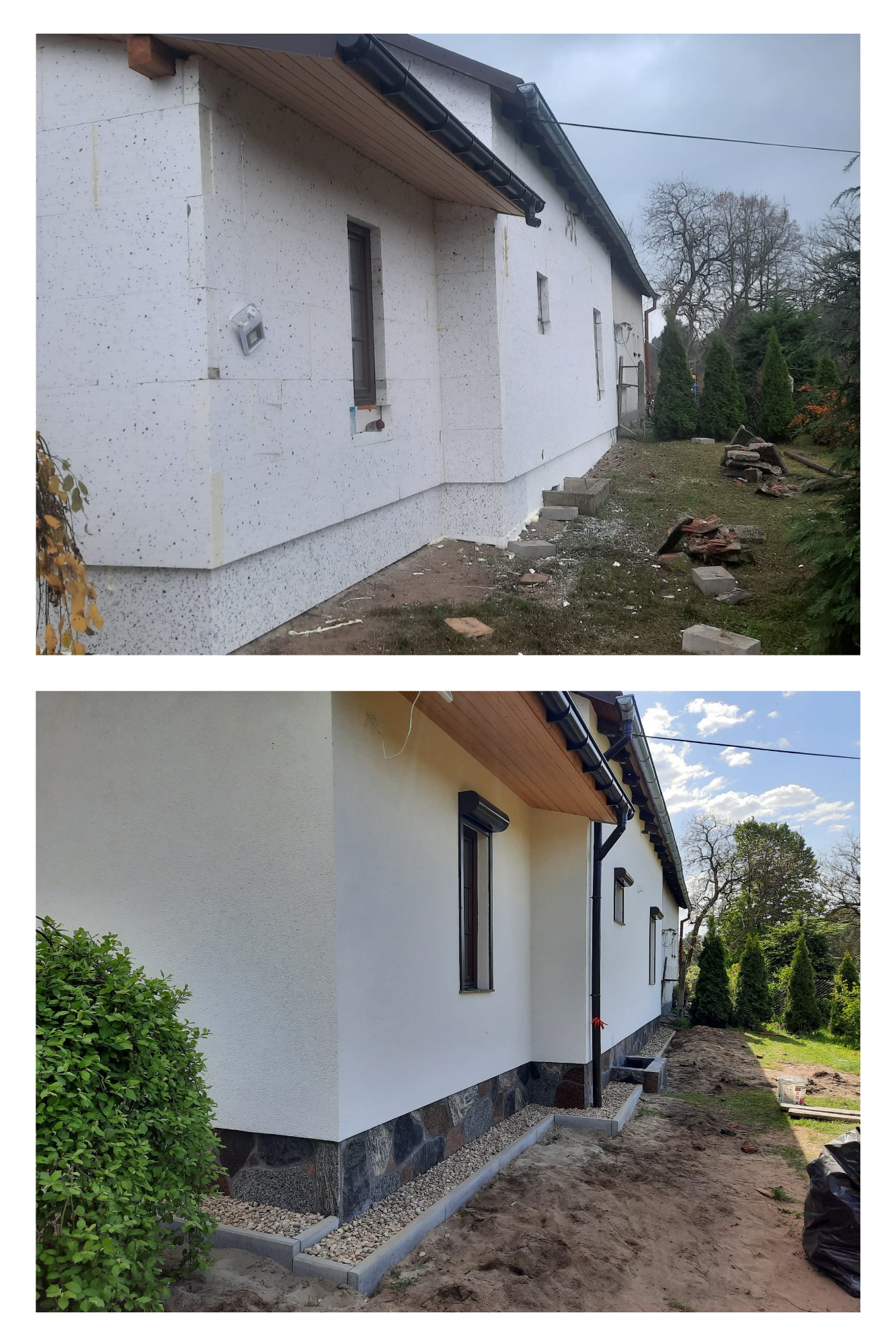 Dwa ujęcia tego samego domu: górne pokazuje elewację w trakcie ocieplania styropianem, dolne przedstawia elewację po wykończeniu z cokolem z kamienia i obrzeżami betonowymi.