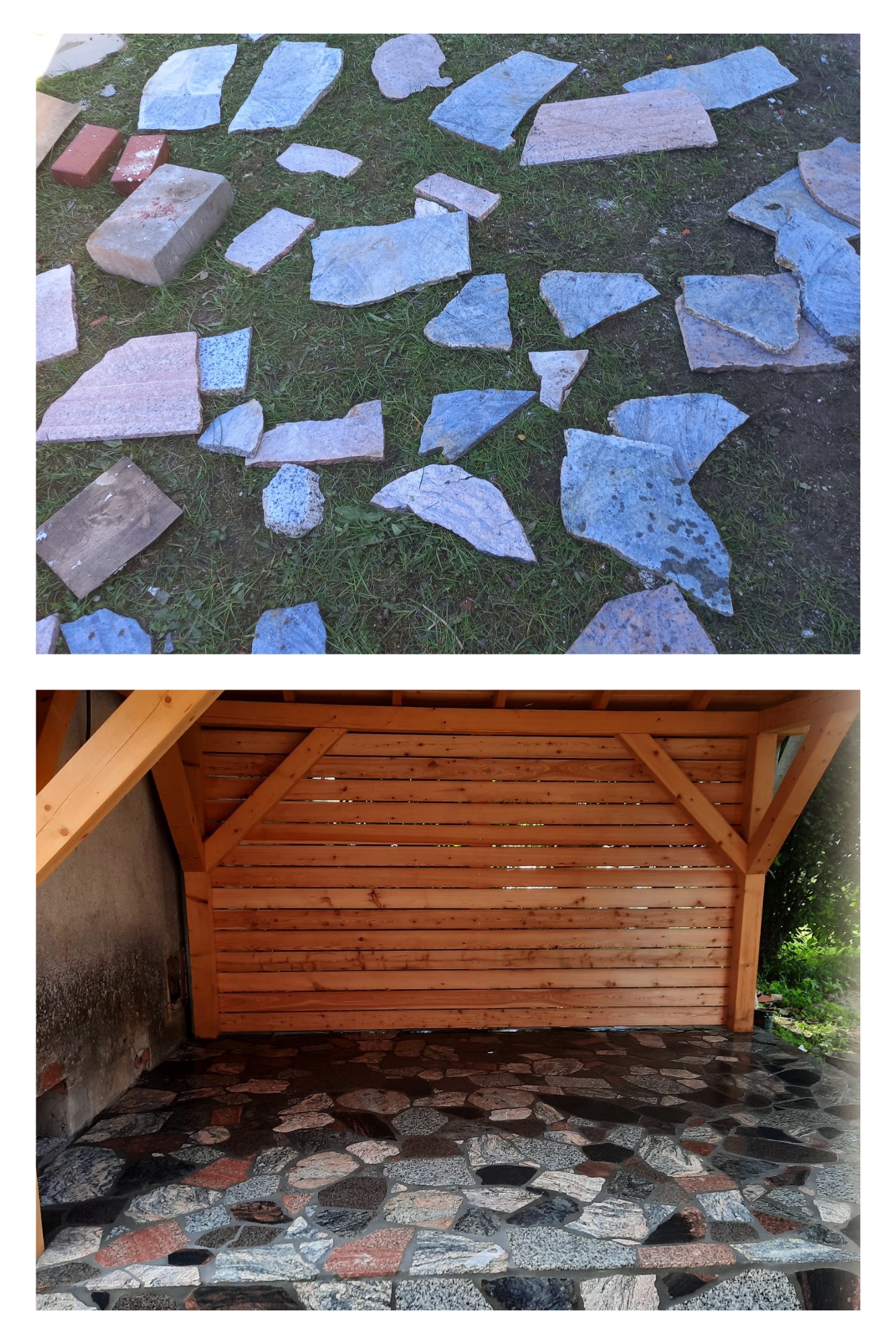 Wiata z drewnianą konstrukcją i posadzką z kamienia ciętego, widok z góry na rozłożone kamienie przed ułożeniem.