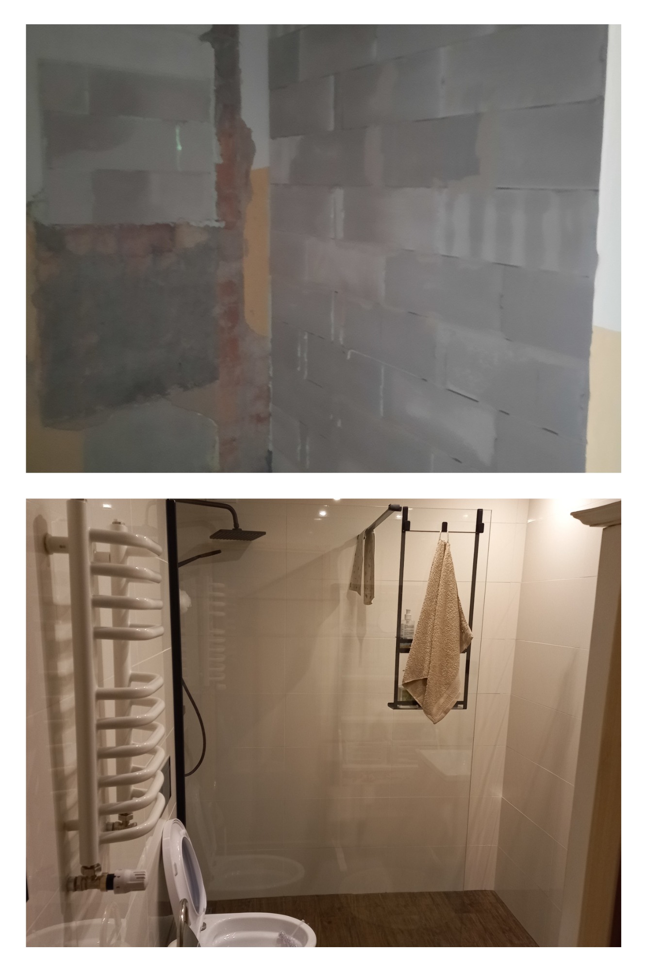 Dwa ujęcia: surowe ściany z bloczków betonu komórkowego w trakcie budowy oraz wykończona łazienka z kabiną prysznicową, grzejnikiem drabinkowym i toaletą.