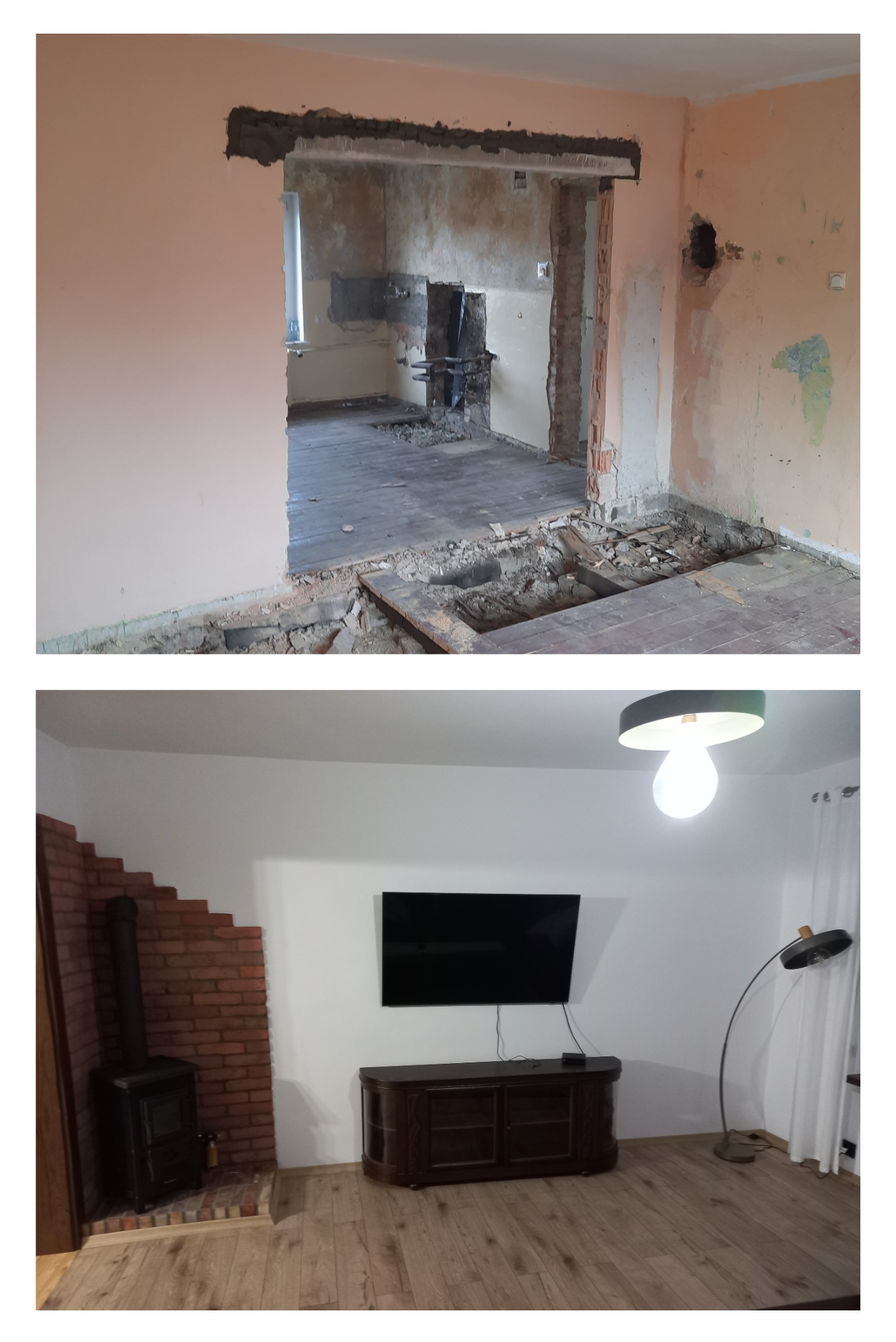 Porównanie salonu przed i po remoncie: od surowych ścian i zdemontowanej podłogi do wykończonego wnętrza z ceglanym kominkiem, telewizorem i drewnianą podłogą.